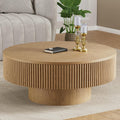 YOUDENOVA 35' Round Fluted Coffee Table, Modern Wood Circle Coffee Table, Veneer Handcrafted Relief Tea Table with Sturdy Pedestal for Living Room, Easy Assembly - Natural