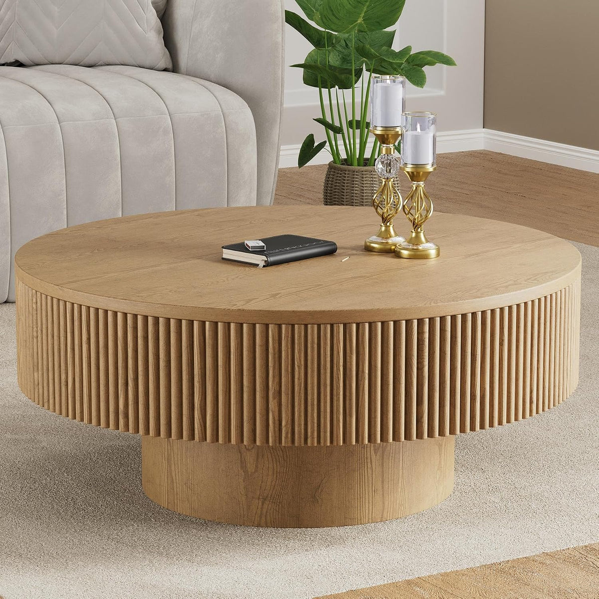 YOUDENOVA 35' Round Fluted Coffee Table, Modern Wood Circle Coffee Table, Veneer Handcrafted Relief Tea Table with Sturdy Pedestal for Living Room, Easy Assembly - Natural