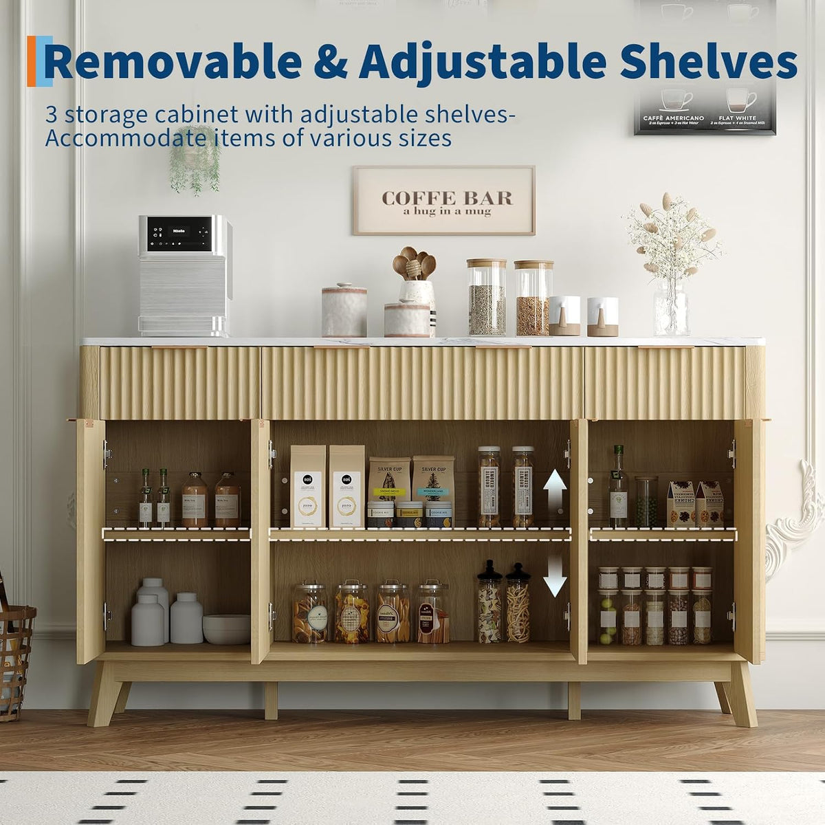 IDEALHOUSE 60' Large Farmhouse Sideboard Buffet Cabinet with Storage Drawers & Adjustable Shelves, Wood Fluted Buffet Storage Cabinet & Coffee Bar Console Table for Living Room & Kitchen Dining Room