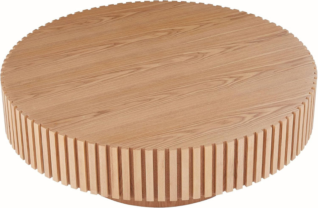 31.49' Coffee Table, Round Coffee Table, Wood Coffee Table for Living Room, Handcrafted Relief Carving, Easy Assembly, Oak