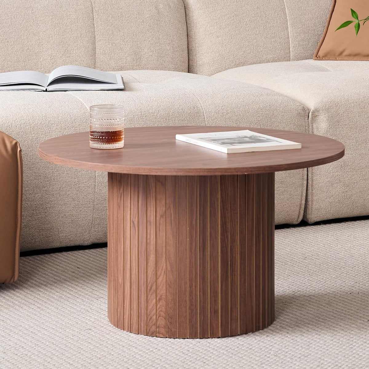 Round Nesting Coffee Tables Set of 2 -φ27.6 Large Short + φ15.8 Small Tall Boho Circle Side Tables with Fluted Drum Design, Brown