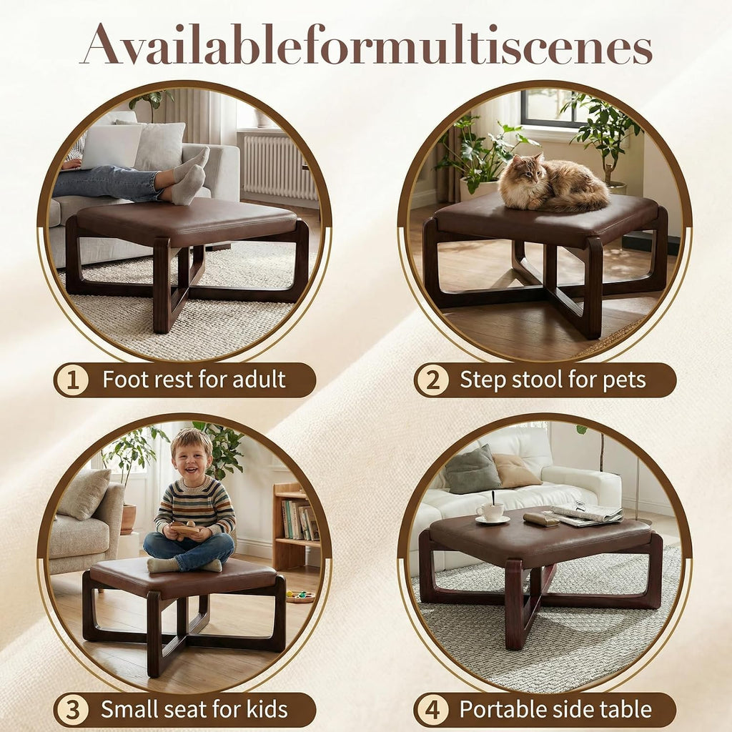 Faux Leather Square Coffee Table Ottoman,24' Coffee Table for Living Room Ottoman,Ash Wood Living Room Table,Small Footstool (Dark Brown)