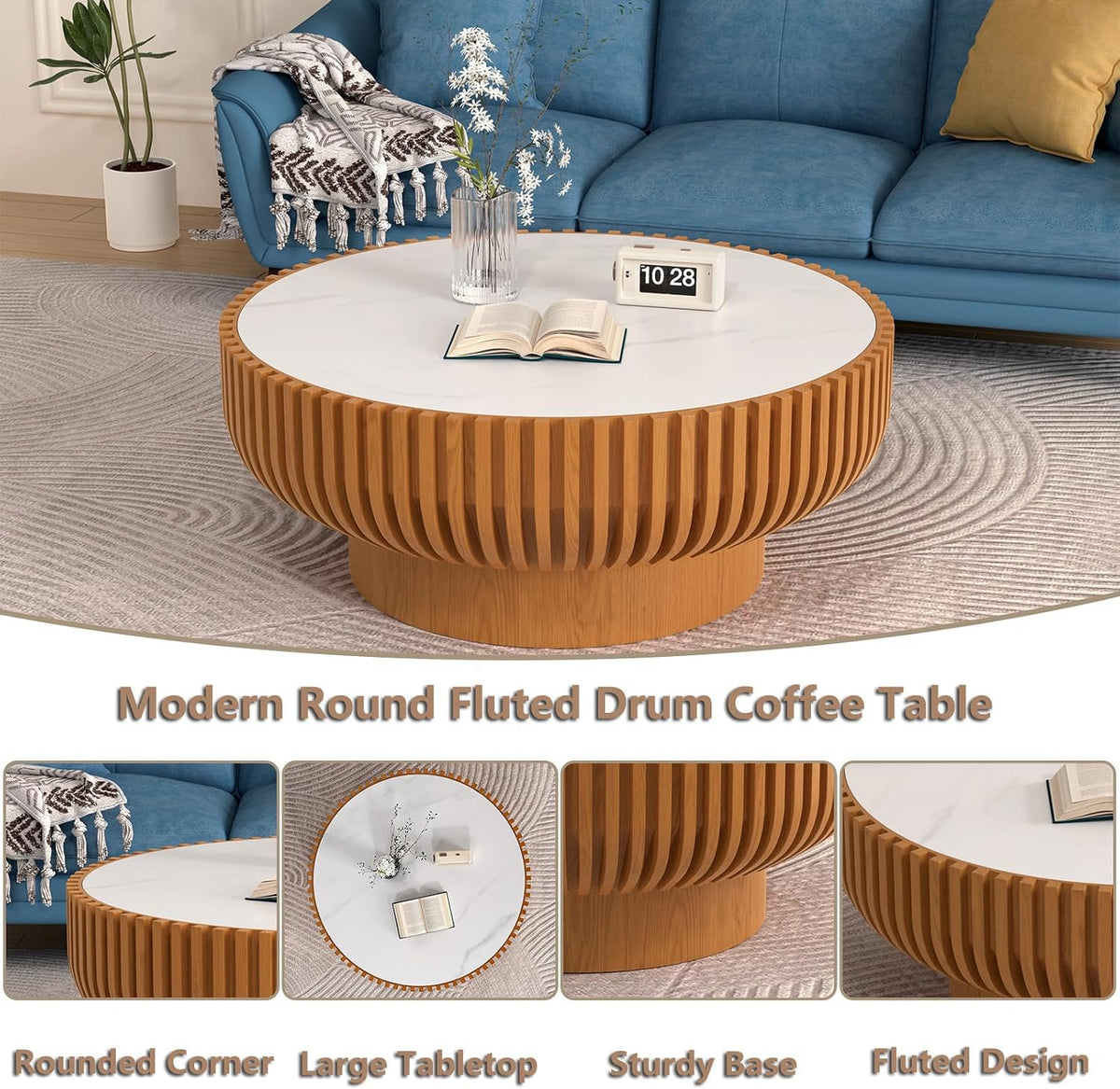 Round Handcraft Fluted Coffee Table with Sturdy Stable Pedestal Modern Luxury Drum Center Table Circle Accent Base Center Tables for Living Room Apartment (R)