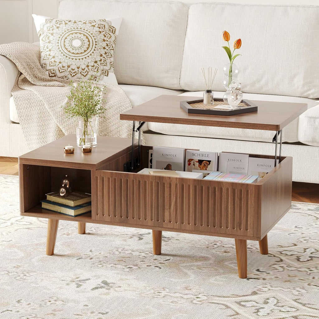 Lift Top Oval Coffee Table with Storage, 2-in-1 Height Adjustable Modern Coffee Table for Small Living Room & Apartment (Walnut)