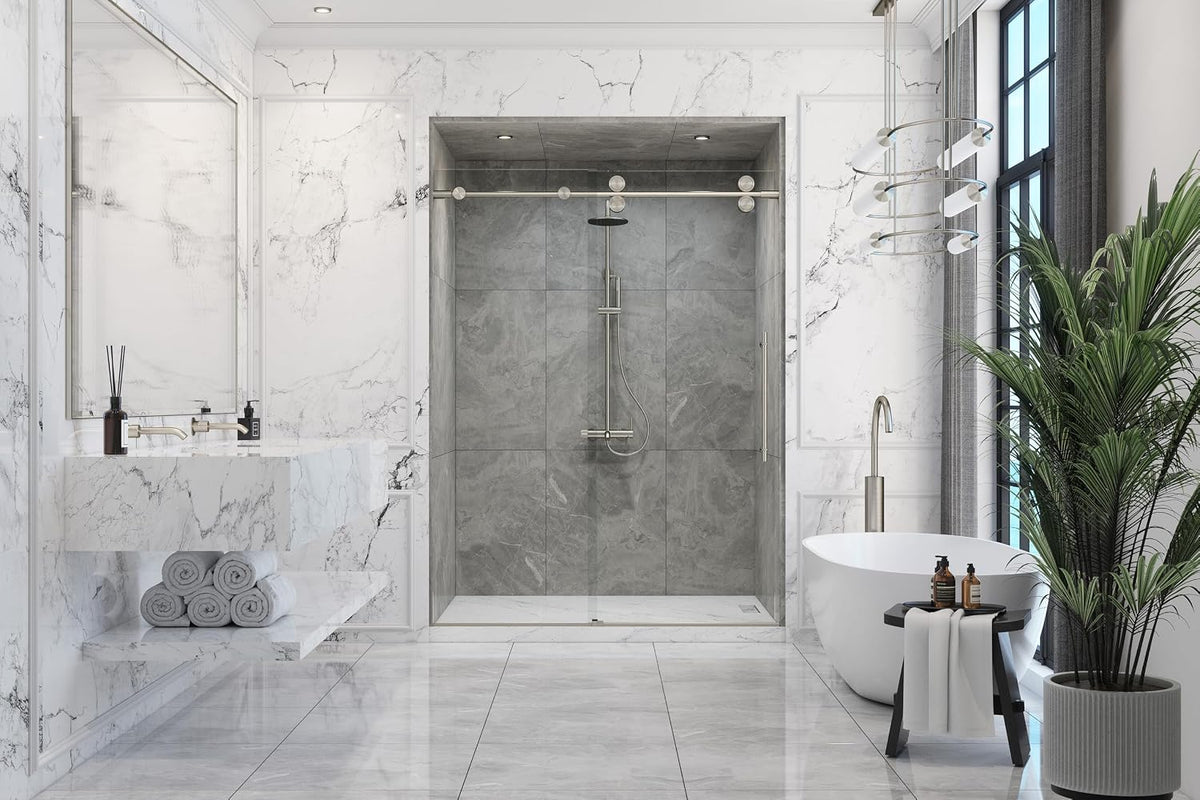 Montage 57.25-59' W x 78' H Euroglide Frameless Shower Door with 3/8' Clear Tempered Glass (Brushed Stainless)