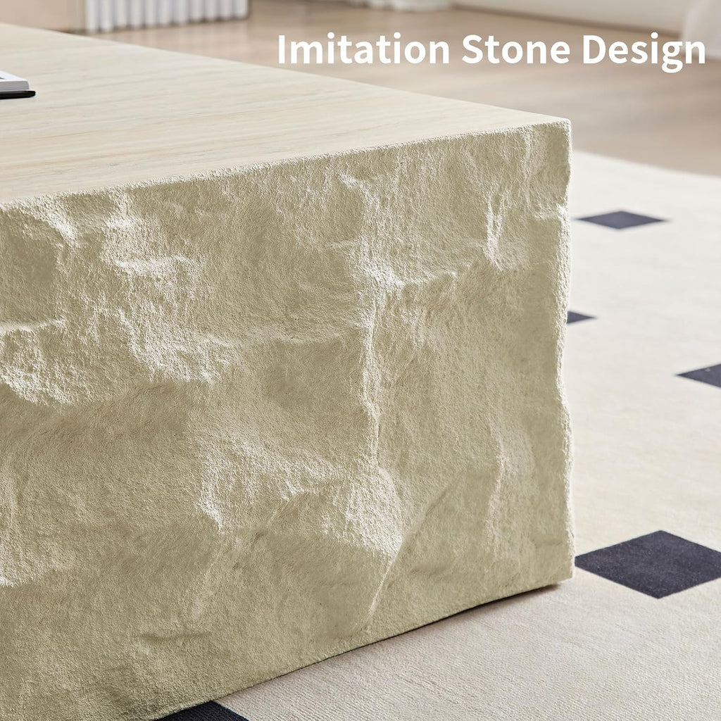 LKTART Square Coffee Tables for Living Room, Imitation Stone Fiberglass Center Table Modern Aesthetic Coffee Table for Office,Apartment,No Need Assembly