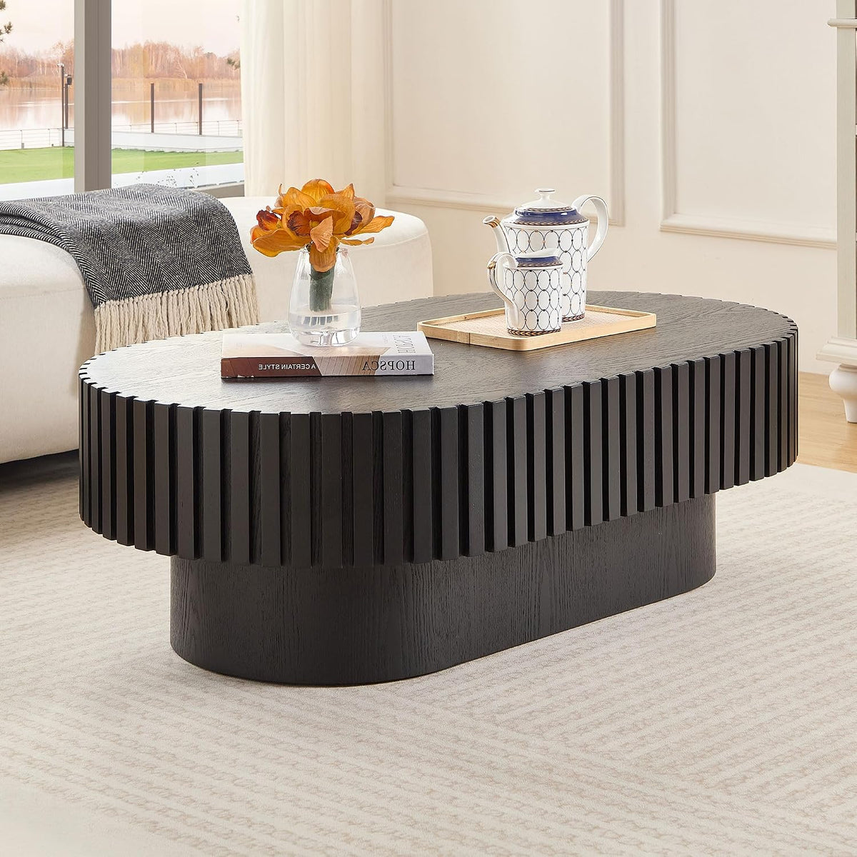 43.7' Oval Wood Coffee Table Black Living Room, Modern Fluted Side Coffe Table | Sturdy Base | Handcrafted Relief Carving, Easy Assembly