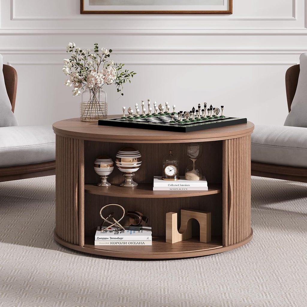 SULIVES Round Coffee Table with Lifting Top, Multifunctional Lift Top Drum Coffee Table with Sliding Door, Small Fluted Center Table for Living Room, Walnut