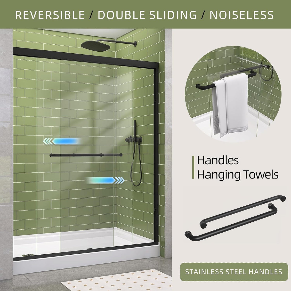 GETPRO Sliding Shower Door 50-54 in. W x 72 in. H Semi-Frameless Bypasss Double Sliding Glass Shower Enclosure,1/4 inch Clear Tempered Glass Door for Walk-in Shower Matte Black