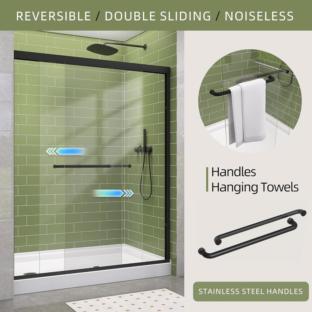 GETPRO Sliding Shower Door 44-48 in. W x 72 in. H Semi-Frameless Bypasss Double Sliding Glass Shower Doors,1/4 inch Clear Tempered Glass Door for Walk-in Shower Matte Black
