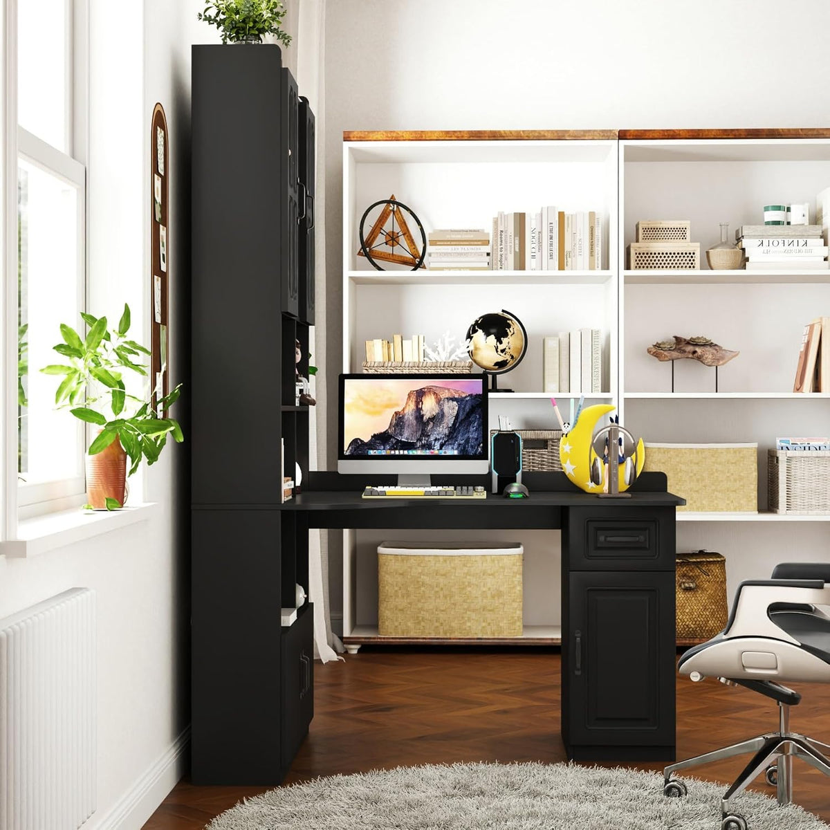 KEIKI Home Office Desks with Hutch, Drawers, Bookshelf, Storage Cabinet & Glass Doors, Modern Wooden Computer Corner Table for Work, Study, Writing