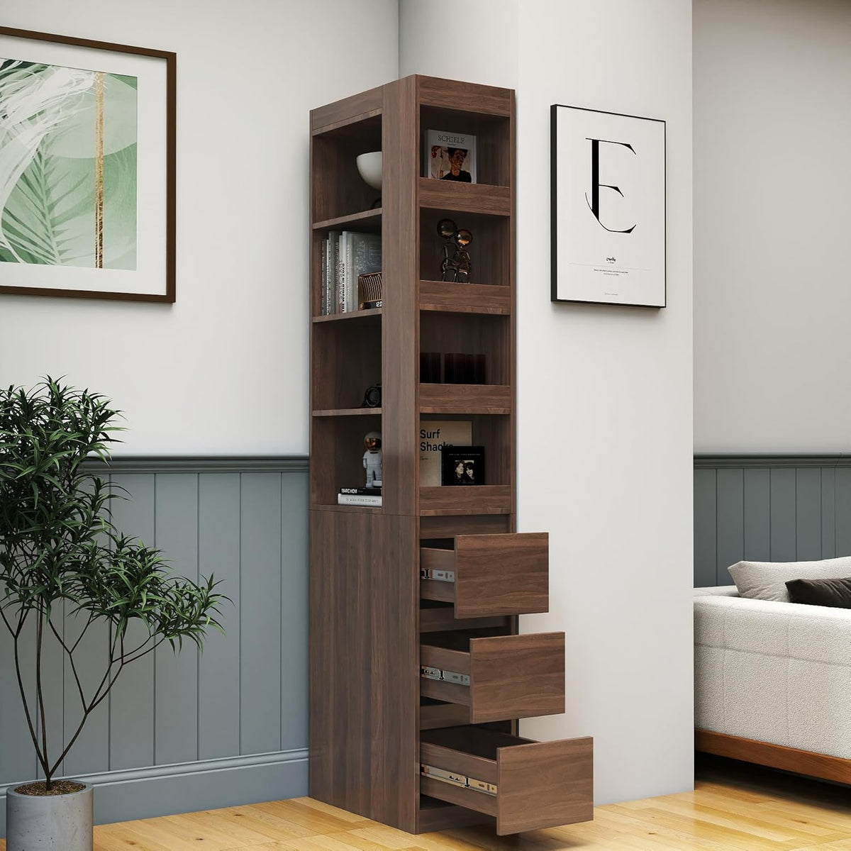 70.87' H Display Storage Cabinet, Narrow Wooden Corner Cabinet with 8-Tier Shelves and 3 Side Drawers, Tall Bookshelf and Bookcase for Living Room Home Office, Walnut