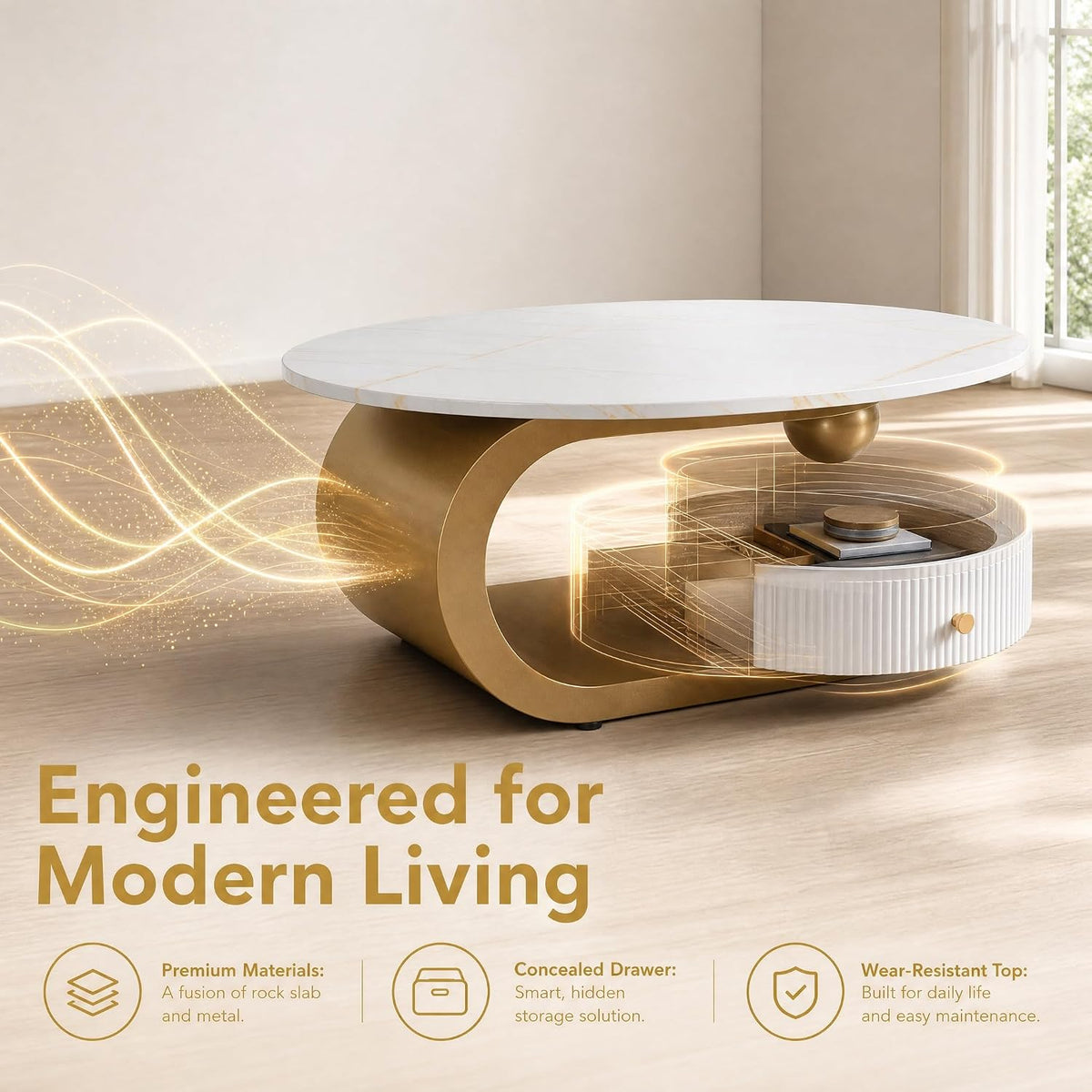 Modern 47.2' Nesting Coffee Table Set of 2, Oval and Round Centre Table Set for Living Room, Faux Marble Coffee Table and Round End Table, Luxury Living Room Accent for Apartment