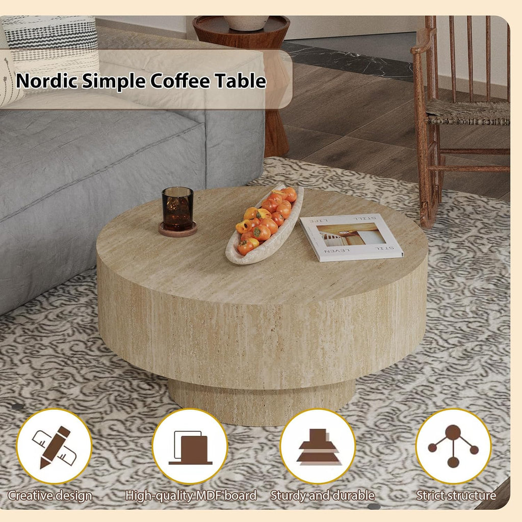 JHKZUDG Modern Wood Coffee Table Handcrafted Fluted Drum Coffee Tables Wooden Oval Center Table with Sturdy Pedestal for Living Room Apartment (Travertine Round)