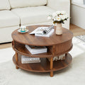 XUZENEST 31.5' Round Coffee Table with Storage, Mid Century Modern 2 Tier Coffee Table with Tambour Sliding Door, Solid Wood Legs Fluted Center Table for Living Room Home Office Small Space, Walnut