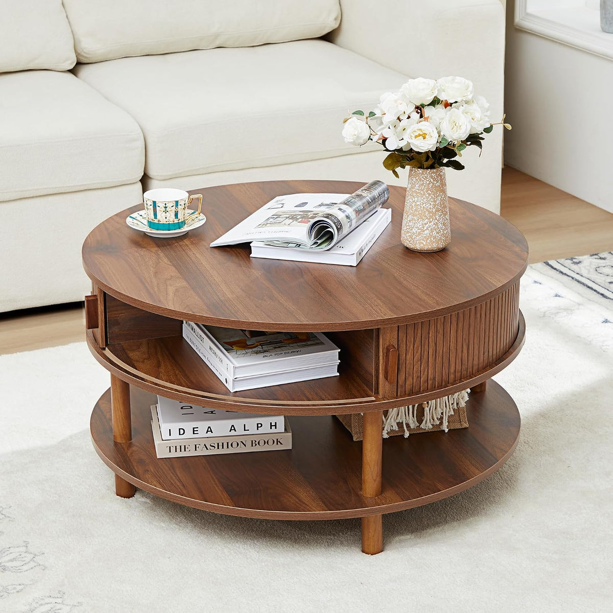 XUZENEST 31.5' Round Coffee Table with Storage, Mid Century Modern 2 Tier Coffee Table with Tambour Sliding Door, Solid Wood Legs Fluted Center Table for Living Room Home Office Small Space, Walnut