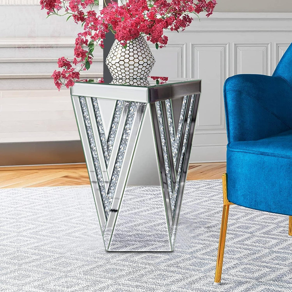 Pregaspor Silver Mirrored End Table, Gorgeous Side Table with Crystal Inlay, Small Mirrored Coffee Table for Living Room, Sofa, Bedroom, Corner