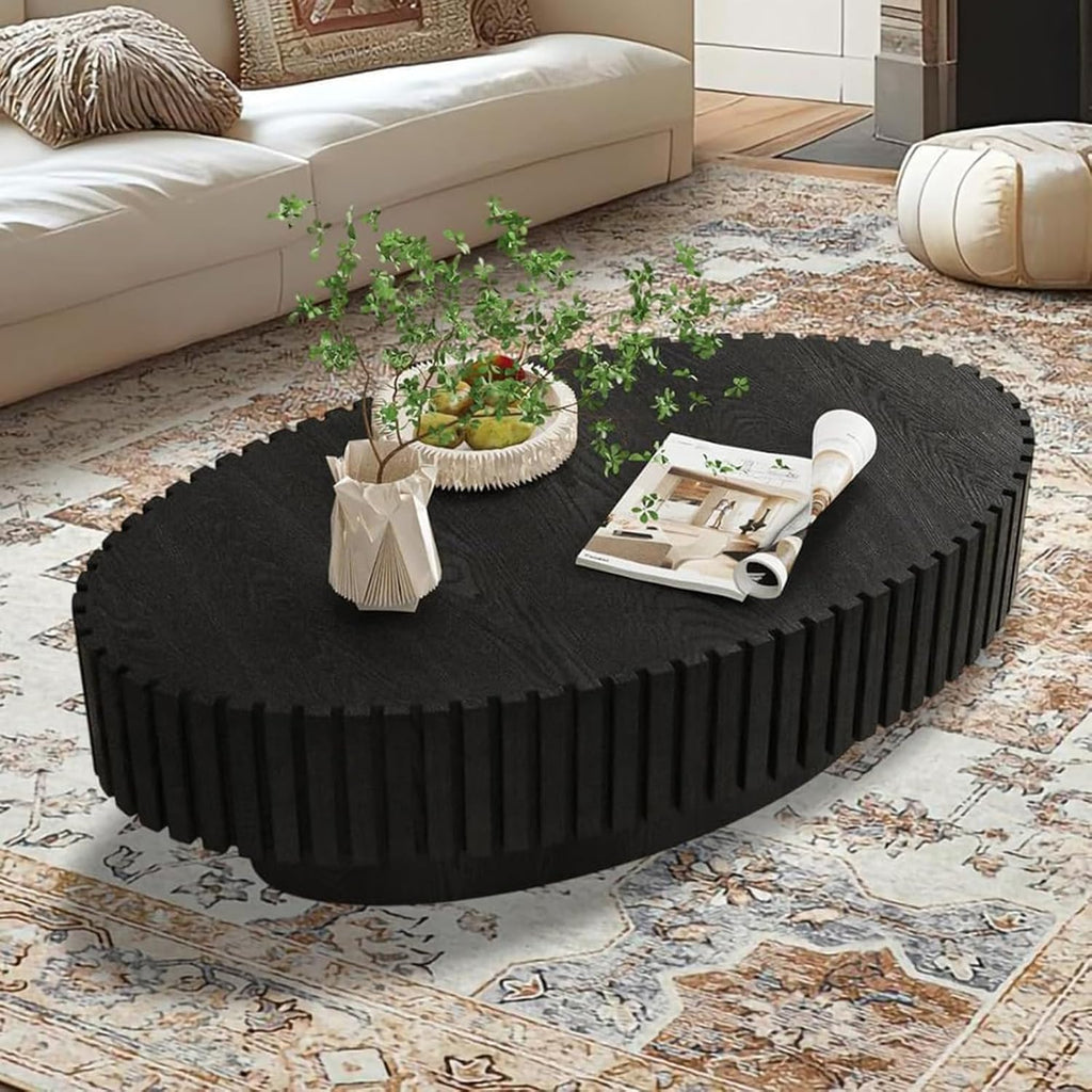 43.3' Oval Drum Fluted Coffee Table for Living Room Modern Oval Coffee Table with Pedestal Center Tables Fluted Accent Tea Tables for Apartment Living Room (E)