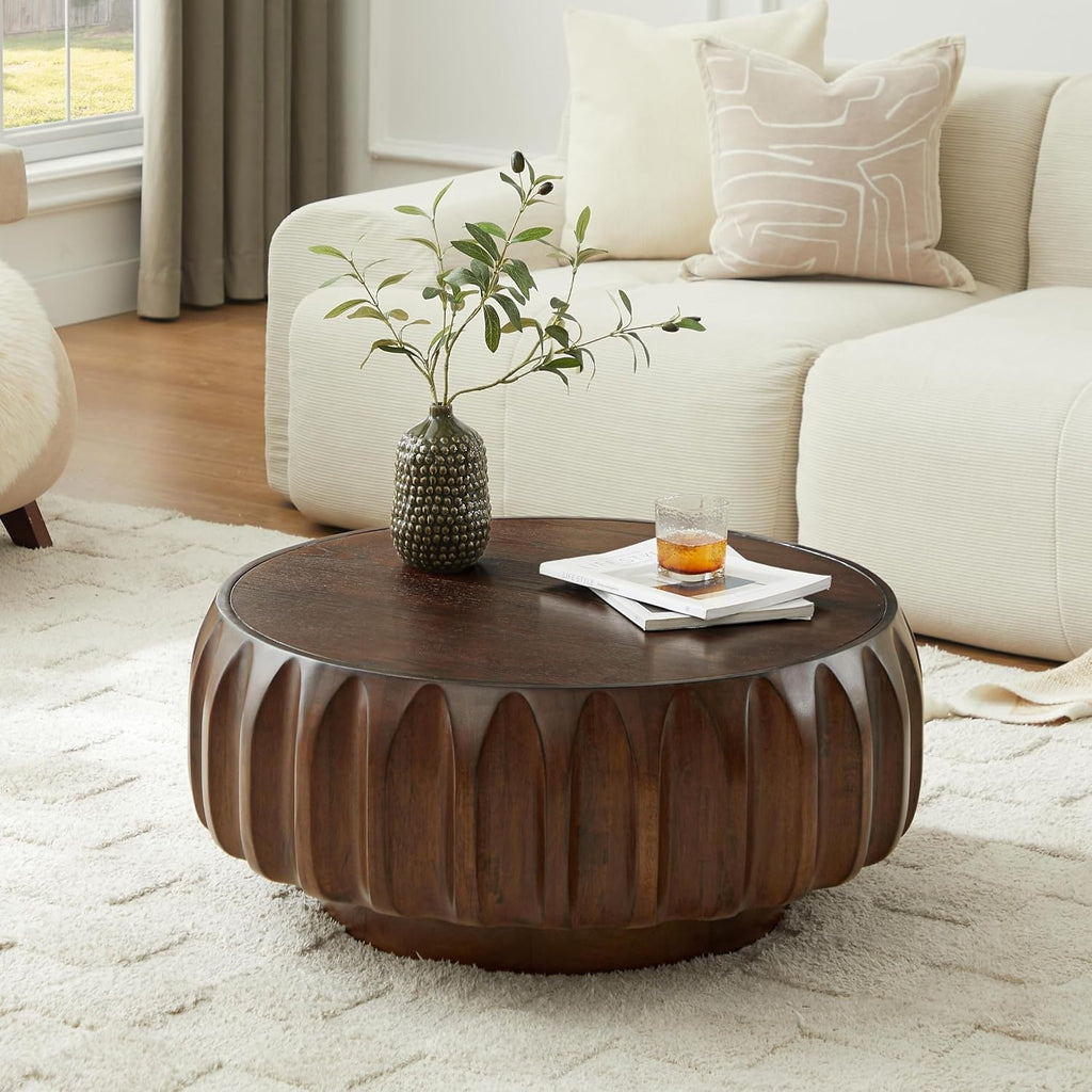 31.5' Circle Coffee Table with Minimalist Curved Fluted & Ash Veneer, Modern Wood Round Center Table, Drum Tea Table Accent Side End Table for Living Room Apartment, Walnut
