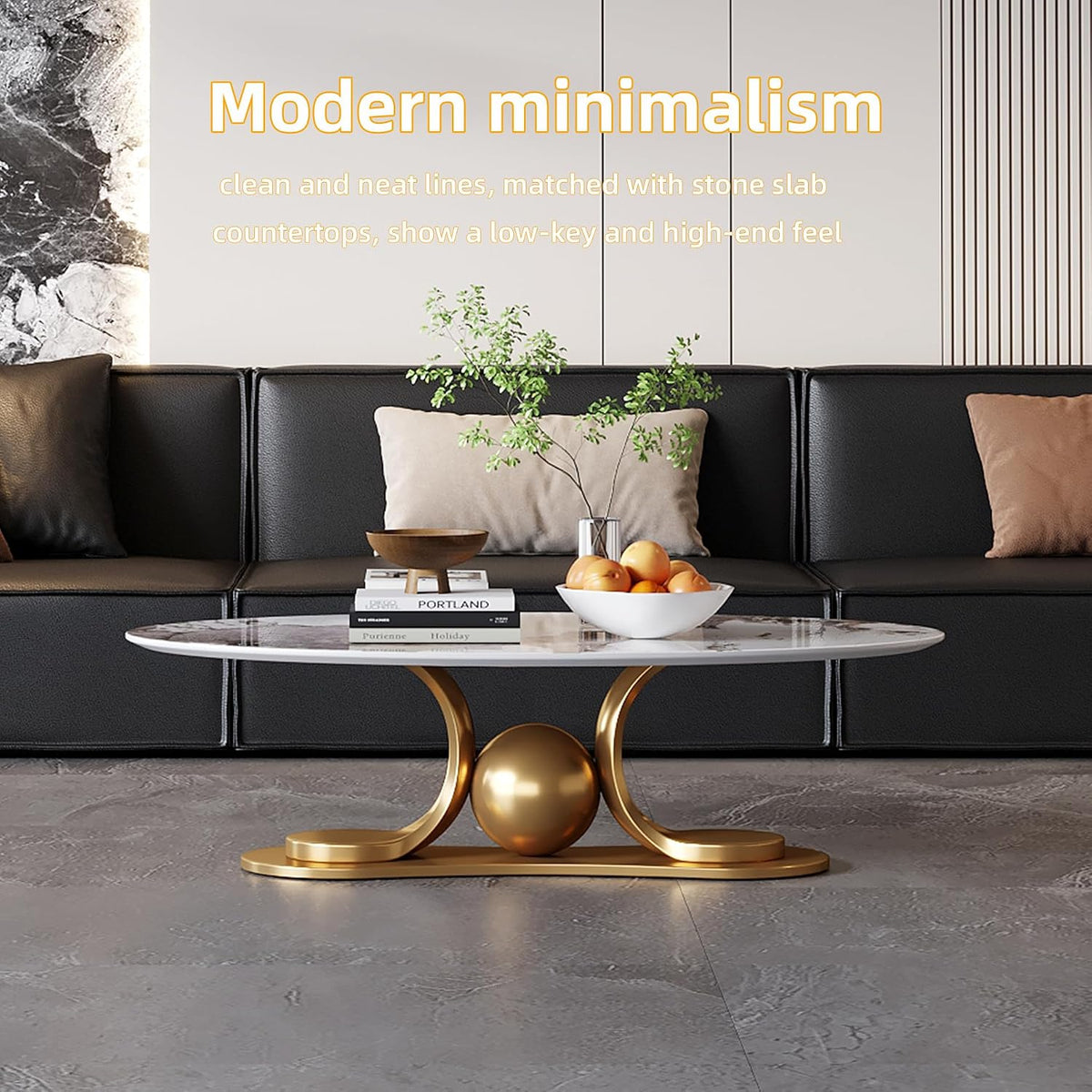 JIJIWANG 51.1' Oval Coffee Table with Gold Stainless Steel Pedestal, Luxury Faux Coffee Table with Marble Top, Sintered Stone Cocktail Center Tables for Apartment Office Easy Assembly Gold