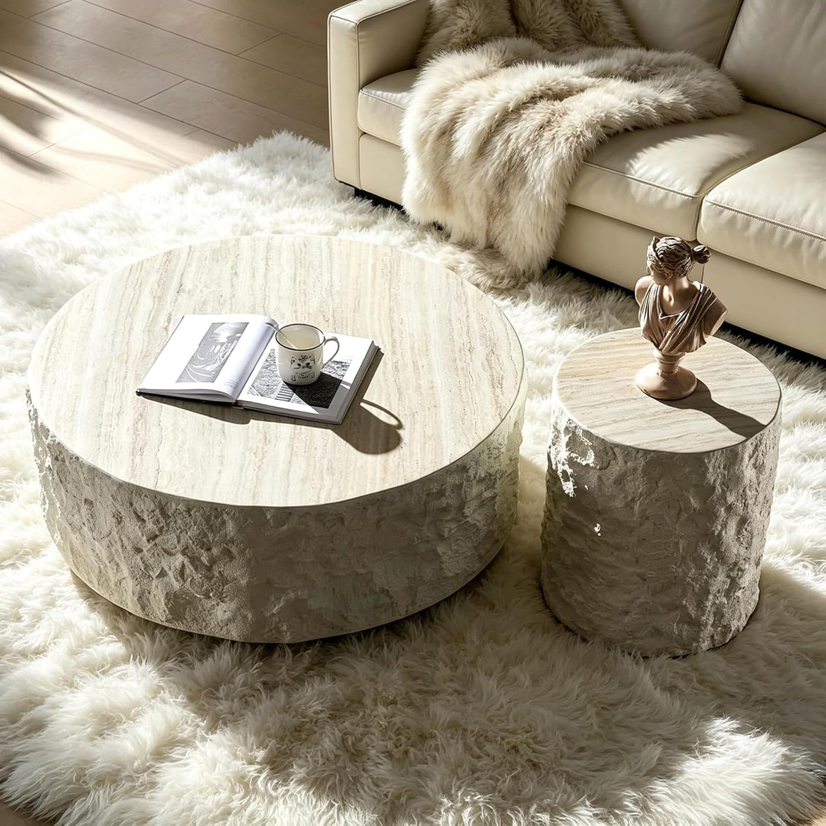 KEVINSPACE Round Coffee Table Set of 2, RoundFiberglass CoffeeTable for Living Room, Side Table for Bedroom Modern Drum CenterTable Circle Stone SideTables for Apartment, No Need Assembly