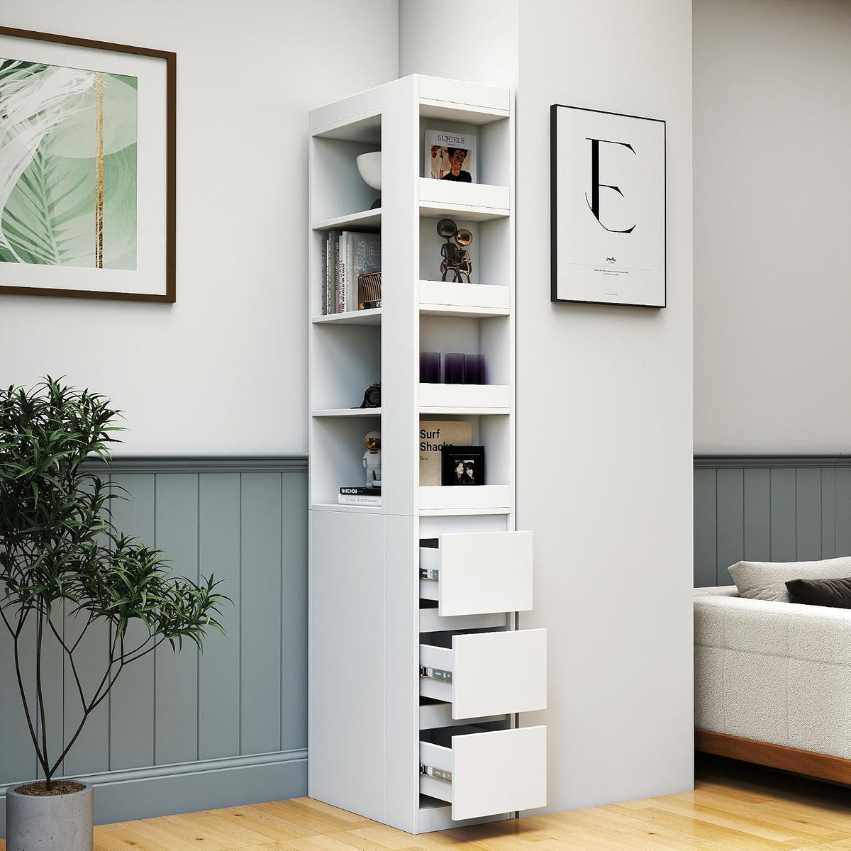 70.87' H Display Storage Cabinet, Narrow Wooden Corner Cabinet with 8-Tier Shelves and 3 Side Drawers, Tall Bookshelf and Bookcase for Living Room Home Office, White