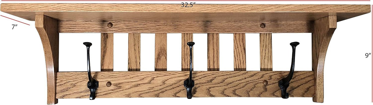 Rustic Red Door Co. Mission Style Coat Rack Wall Mounted with Shelf, Entryway Wooden Hanger with 3 Wrought Iron Hooks for Jacket, Towel or Hat, Farmhouse Decor, 32.5', Oak Wood, Michaels Stain