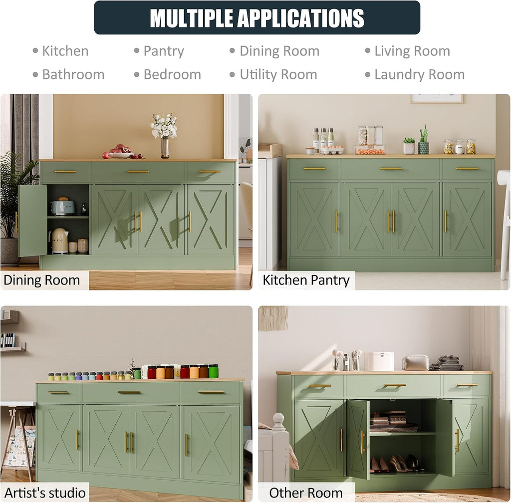 SUNLEI Buffet Cabinet with Storage, Farmhouse Storage Cabinet with 4 Doors and 3 Drawers, Coffee Bar Station Wood Buffet Table with Adjustable Shelf for Living Room, Green