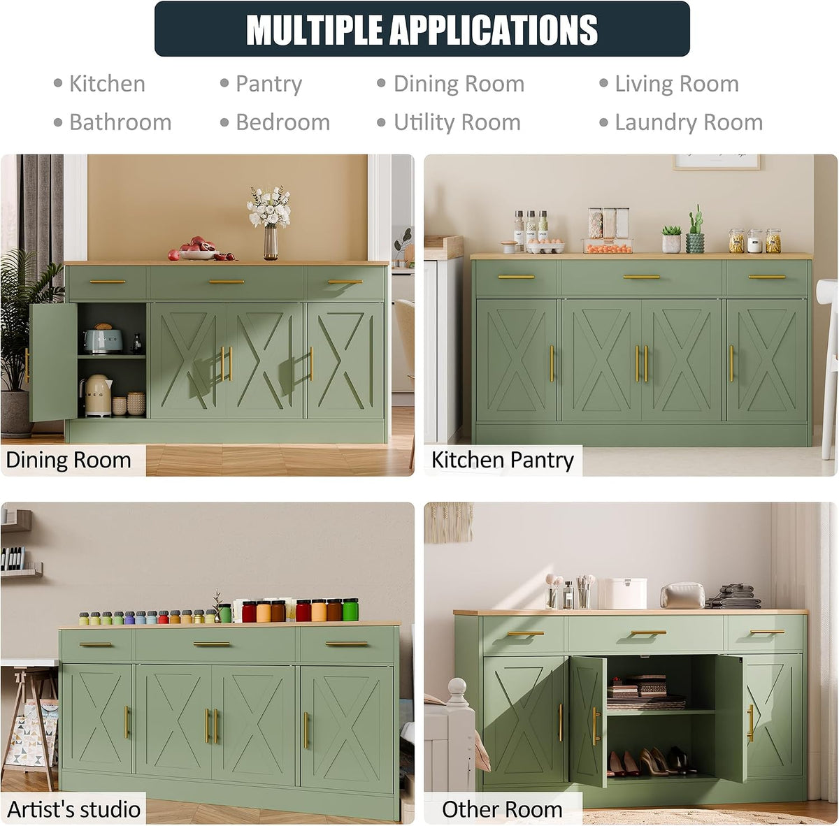 SUNLEI Buffet Cabinet with Storage, Farmhouse Storage Cabinet with 4 Doors and 3 Drawers, Coffee Bar Station Wood Buffet Table with Adjustable Shelf for Living Room, Green