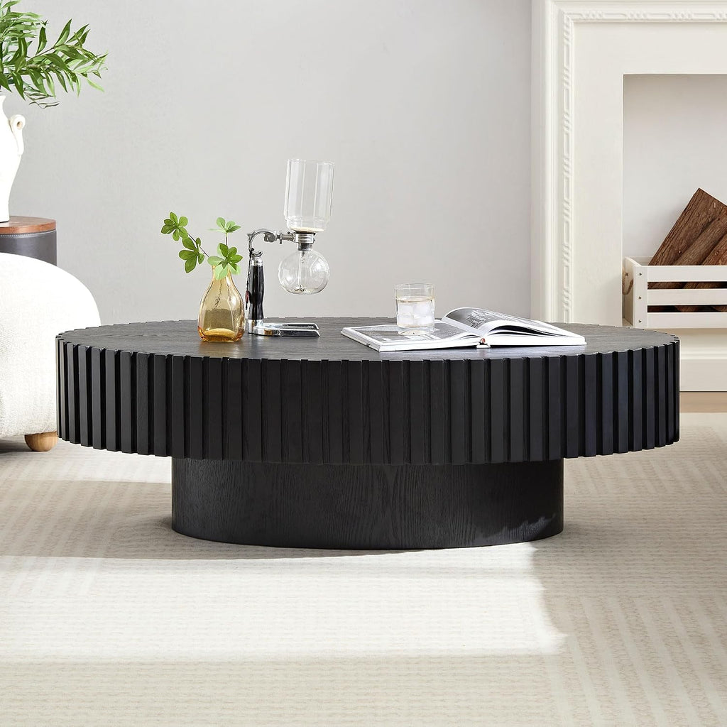 Oval Fluted Coffee Table Oval Drum Coffee Table Modern Black Fluted Coffee Tables for Living Room (Black, 44 * 24 * 14 inch)