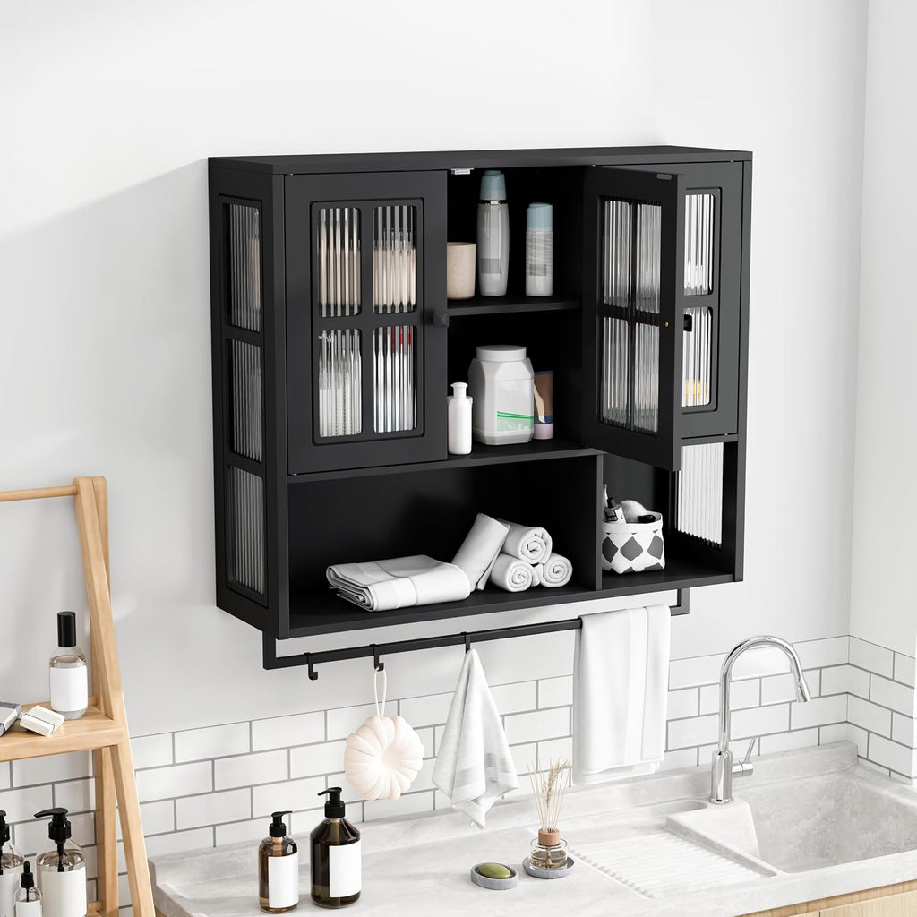 Bathroom Wall Cabinet Over The Toilet, 3 Door Wooden Medicine Cabinet with Open Shelf & Glass Door, Space Saving Storage Organizer with Towel Bar (Black)
