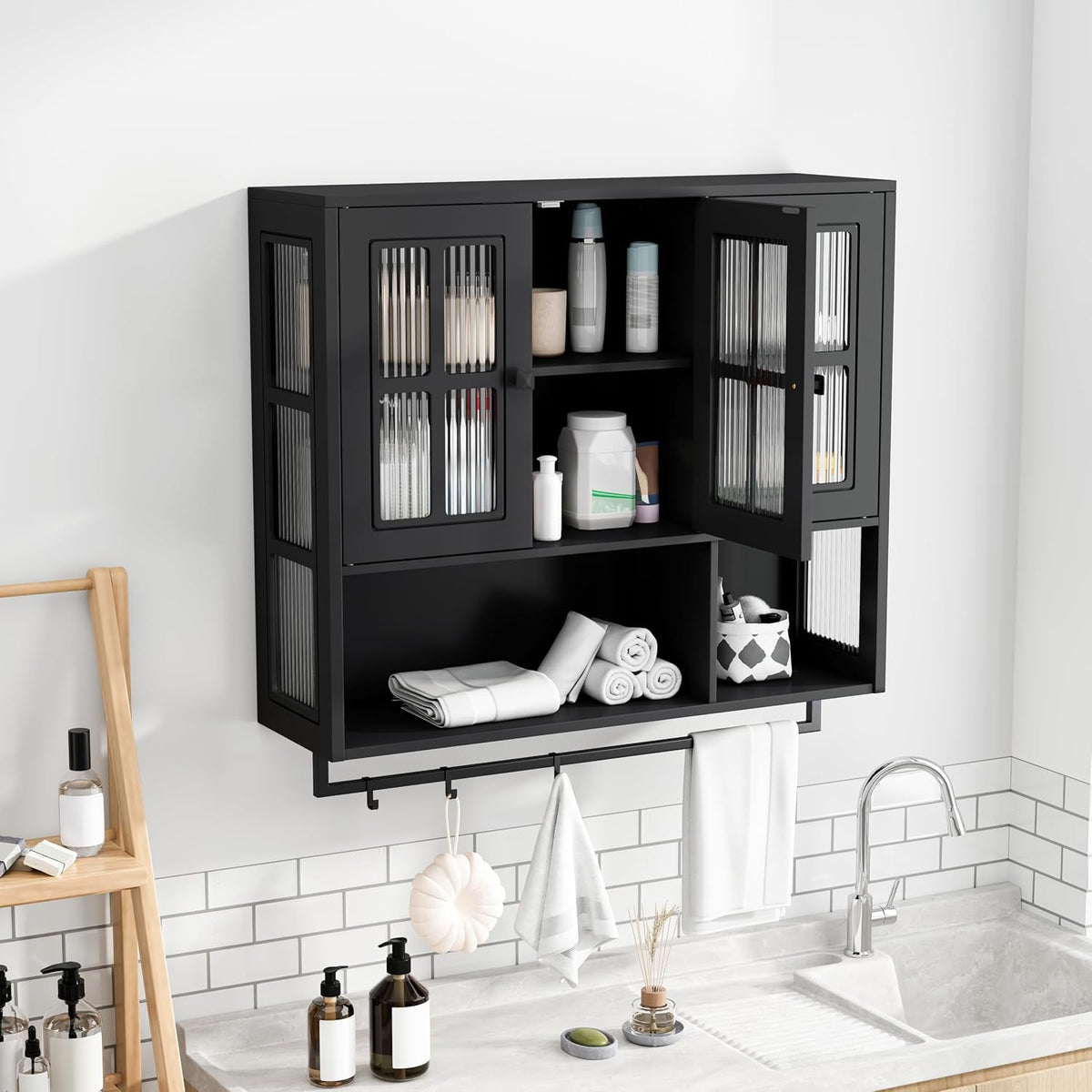 Bathroom Wall Cabinet Over The Toilet, 3 Door Wooden Medicine Cabinet with Open Shelf & Glass Door, Space Saving Storage Organizer with Towel Bar (Black)