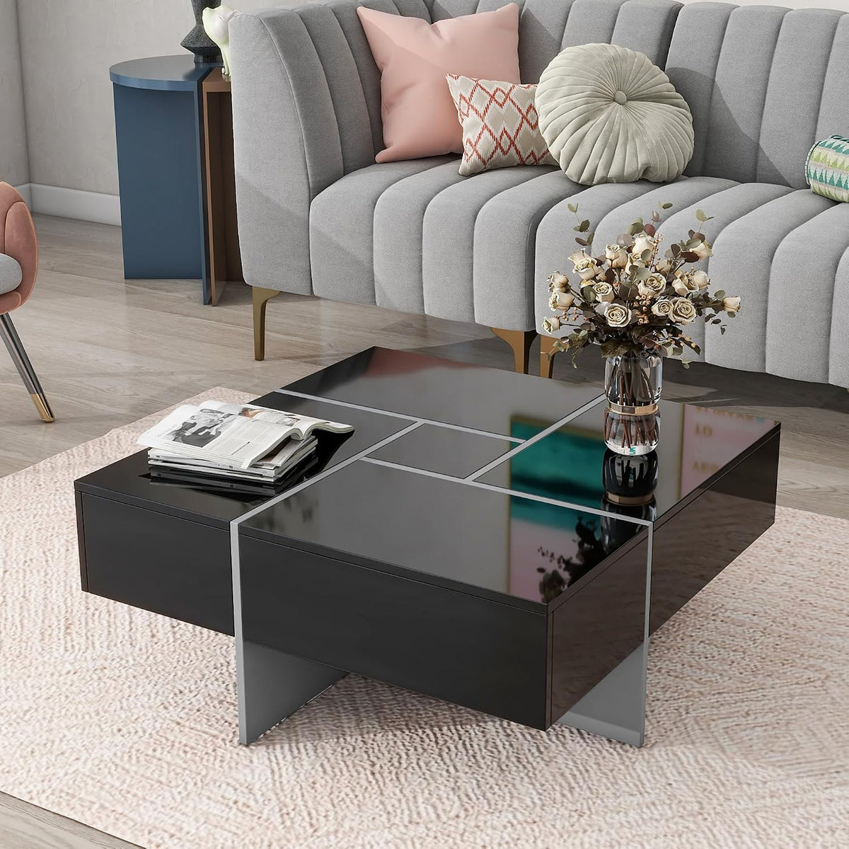 31.5' Black Square Coffee Table with 4 Hidden Storage Compartments, UV High-Gloss Design Wooden Center Table Cocktail Table for Living Room