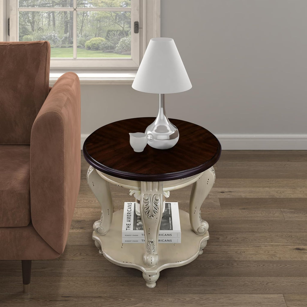 Round Wood End Table with Shelf for Living Room Small Accent Side Table 2-Tier Small Nightstand Easy Assemble, Beige + Espresso