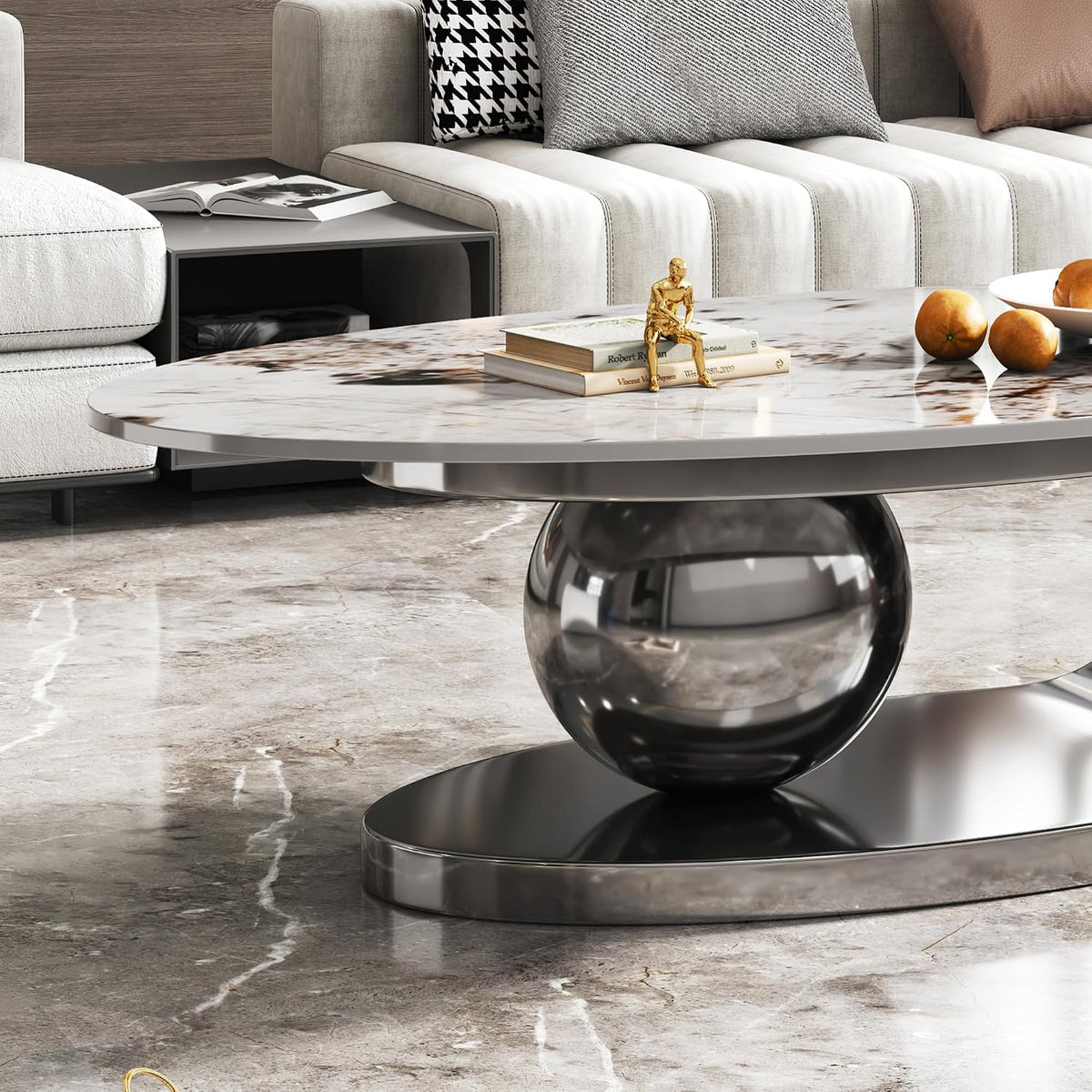 49.2' Oval Coffee Table, Modern Faux Marble Coffee Tables with Sintered Stone Tabletop, Large Unique Tea Table with Stainless Steel Base for Living Room, Office, Bedroom