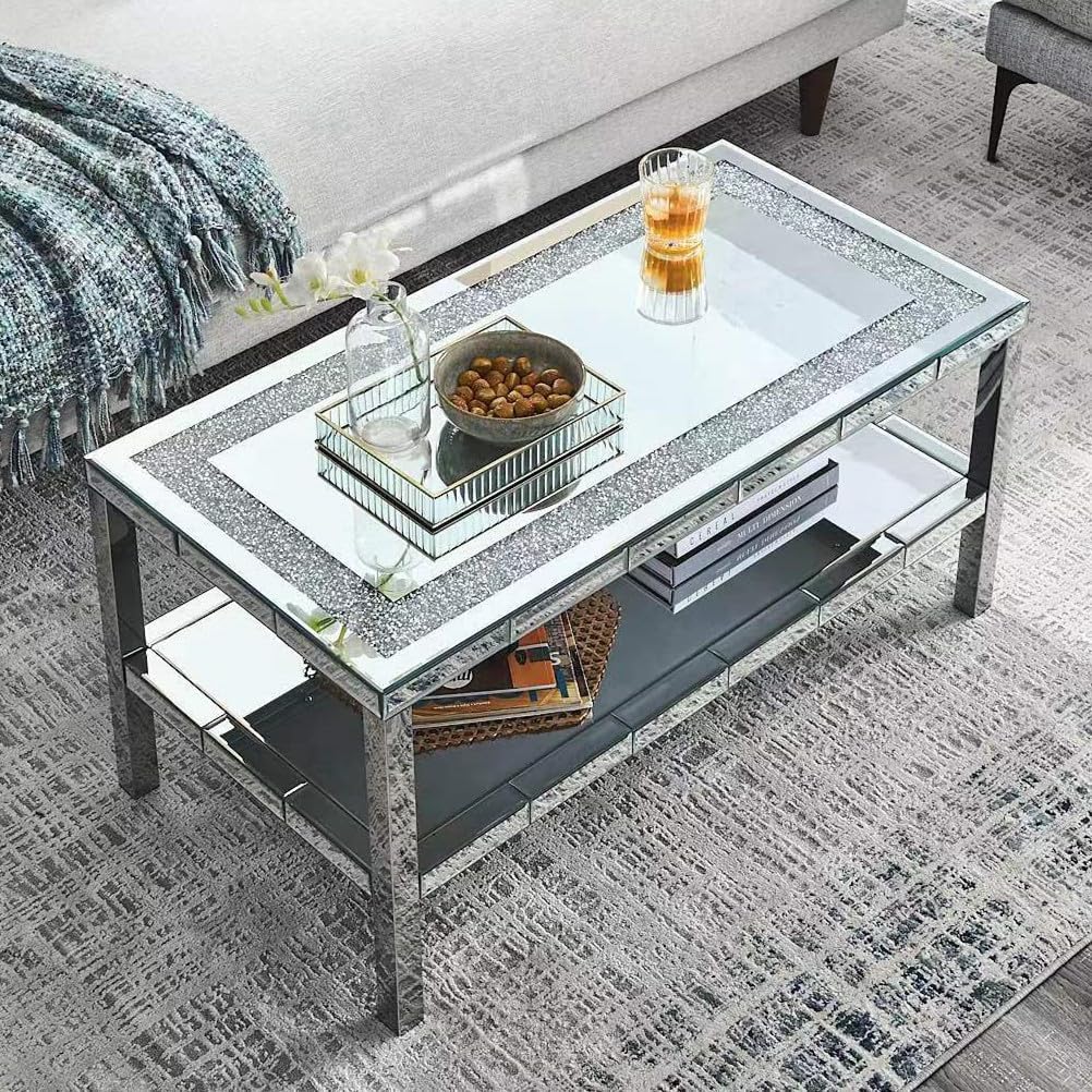 Modern Mirrored Coffee Table for Living Room Luxury Cocktail Center Table with Silver Mirror Finish Rectangular Coffee Table with Shining Crystal Inlay