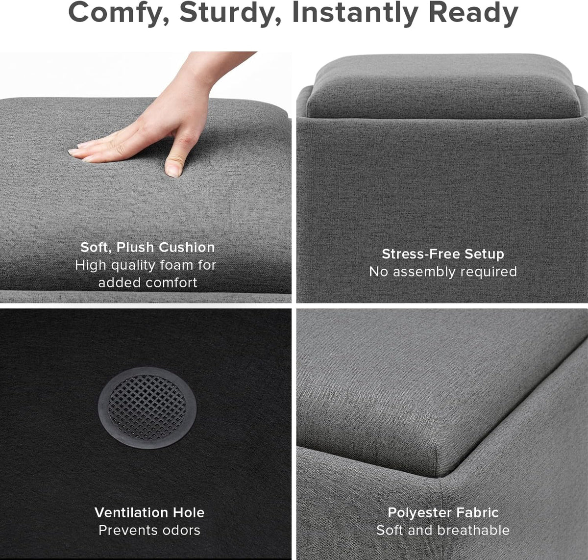 mopio Levi Storage Bench with Reversible Tray, Modern Storage Coffee Table, Bedroom Bench, Rectangular Cube Upholstered Coffee Table Ottoman for Living Room, Bedroom, Entryway (Fabric, Dark Gray)