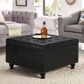 Storage Ottoman Coffee Table, 30 Inch Black Leather Square Ottoman Bench with Storage, Upholstered Tufted Footstool with Nail Trims, Oversized Coffee Table for Living Room, Bedroom