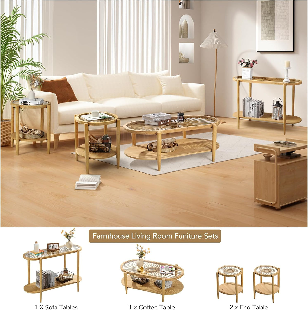 RUSTOWN Rattan Living Room Set 4 Pieces, Includes Console Table, Oval Coffee Table & 2 End Tables, Boho Farmhouse Set for Living Room, Bedroom, Home Office, Natural