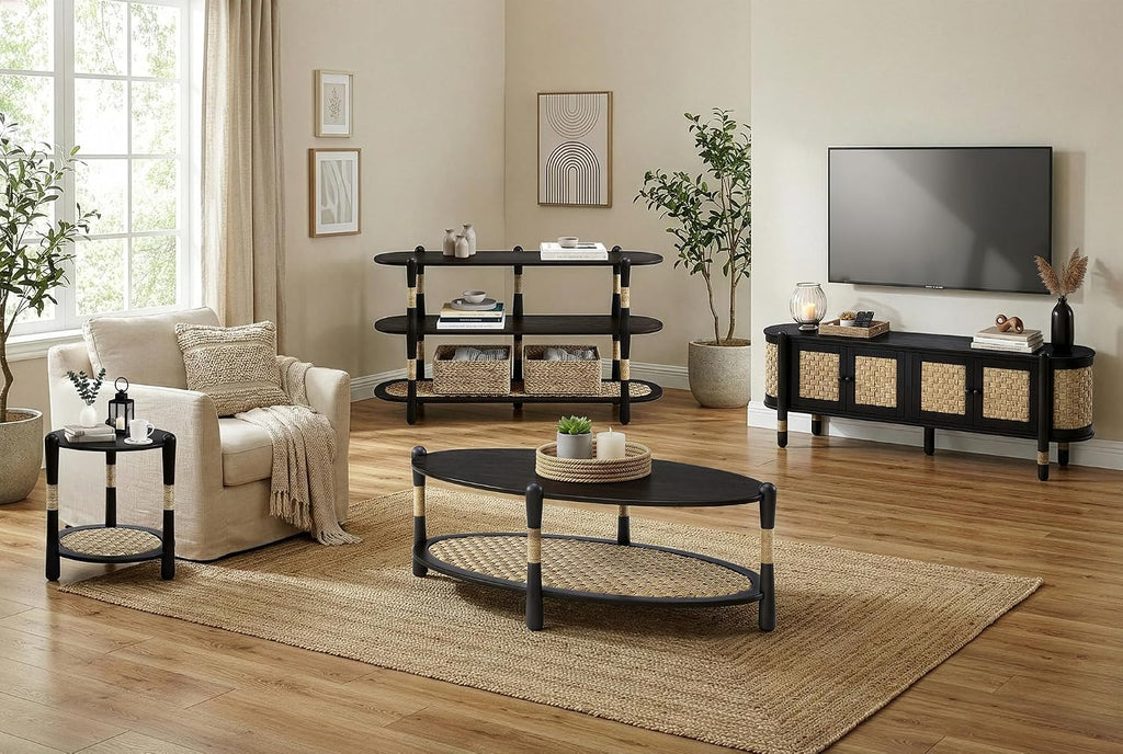 Harbor Oak 46' Oval Oak Wood Coffee Table with Seagrass Accents and Shelf Storage | Coastal Boho Cocktail Table. Black Smoked Oak Finish.