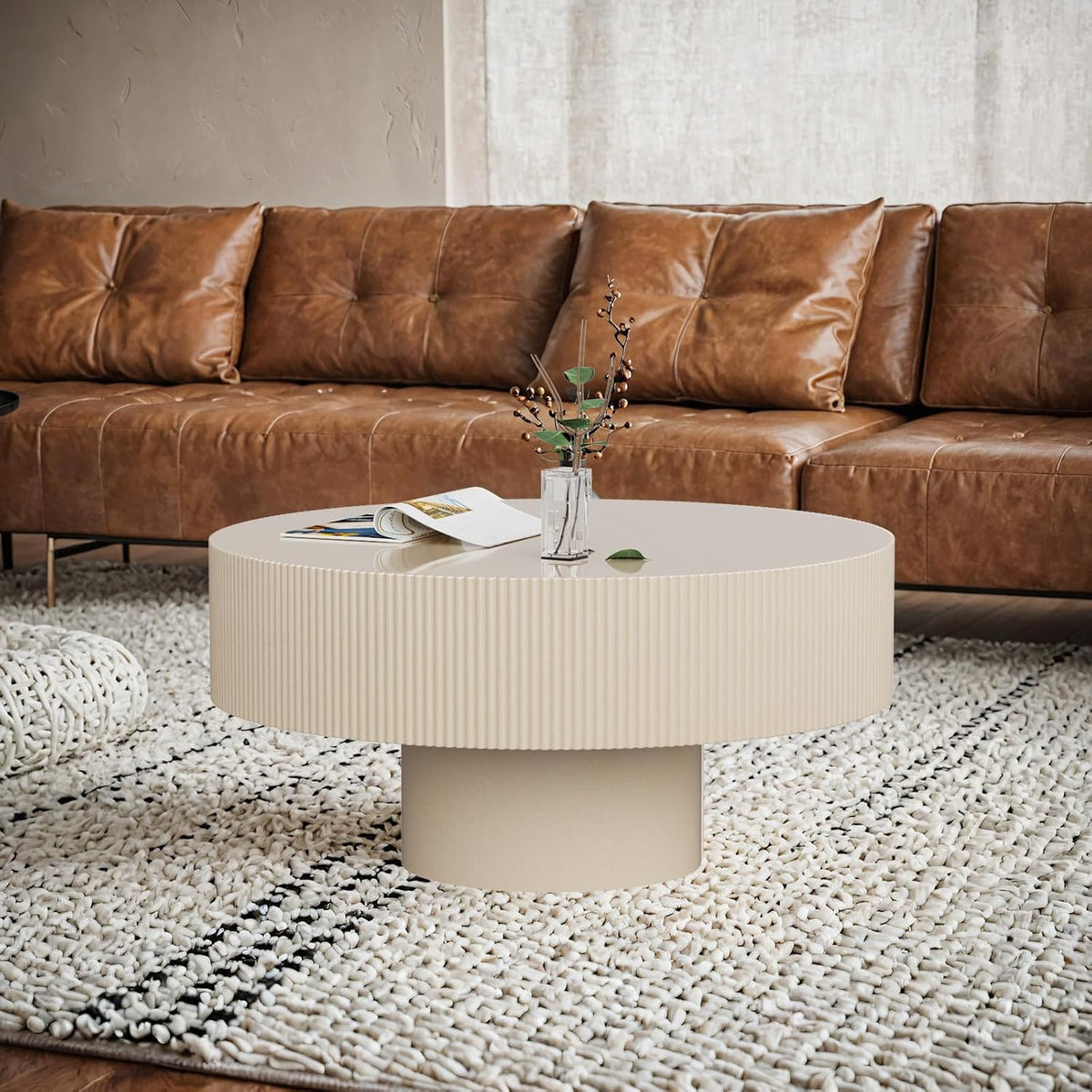 Round Drum Coffee Table 30.9'' Handcraft White Fluted Coffee Table with Sturdy Pedestal, Contemporary Style Small Accent Cocktail Center Tables for Living Room Office (C30.9in)
