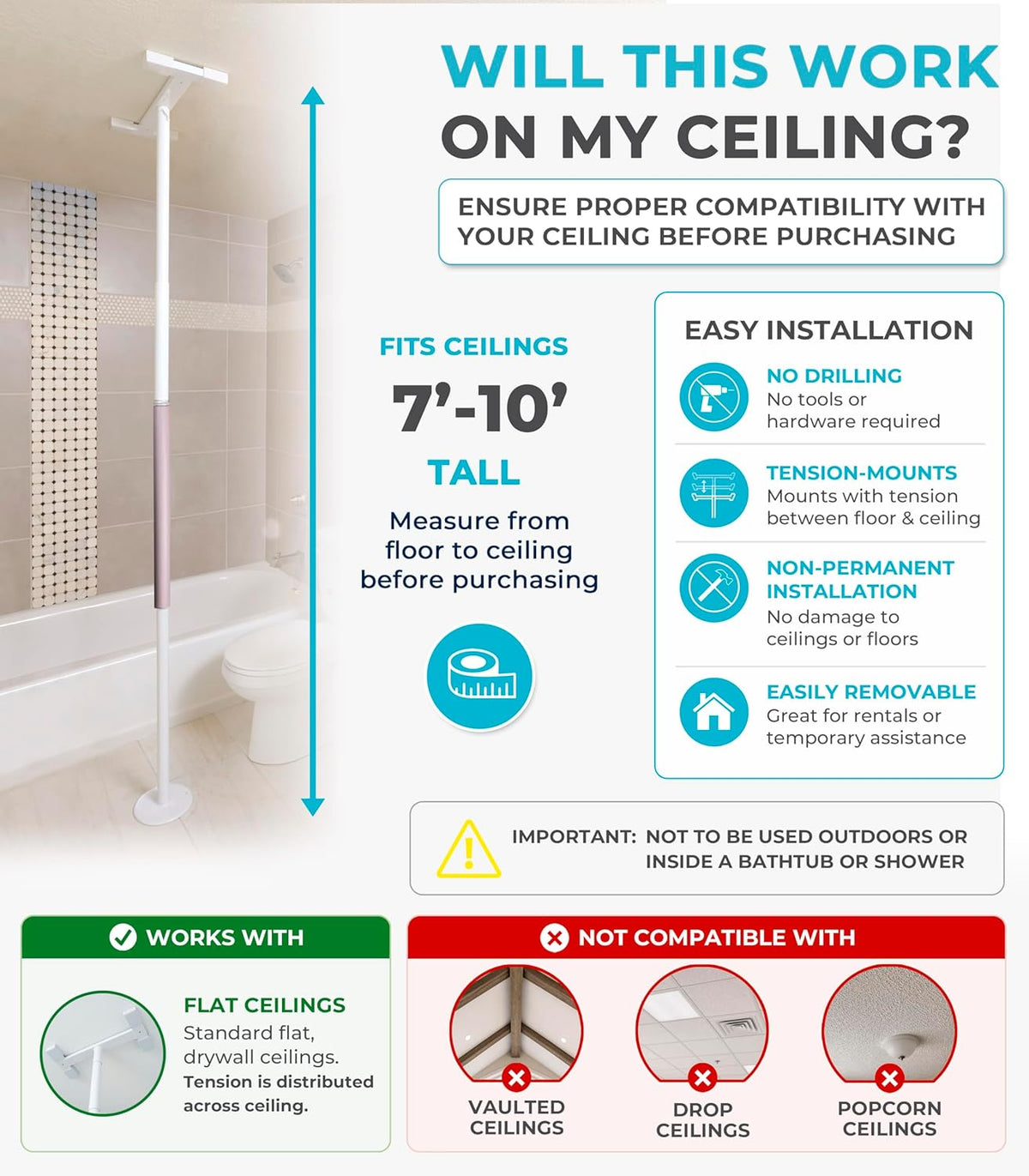 Stander Wonder Pole Slim, Tension Mounted Security-Pole, Elderly Floor to Ceiling Transfer-Pole for Seniors, Bathroom Grab Bar Stability Rail with Padded Handle, White