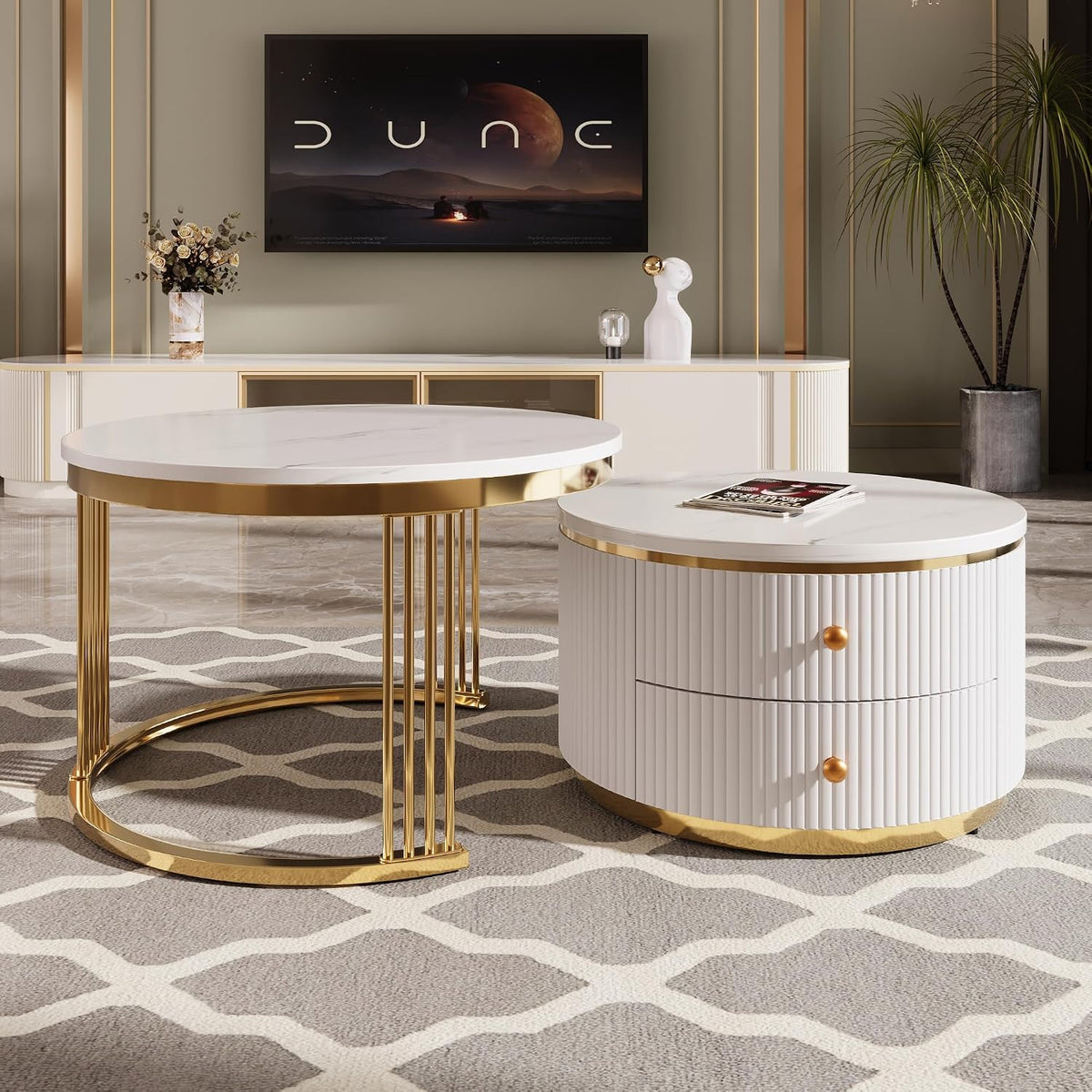 Merax 2-Piece Nesting Coffee Table Set, White Round End Side Tables with Drawers & Gold Metal Legs, Modern Compact for Living Room Small Spaces Apartment