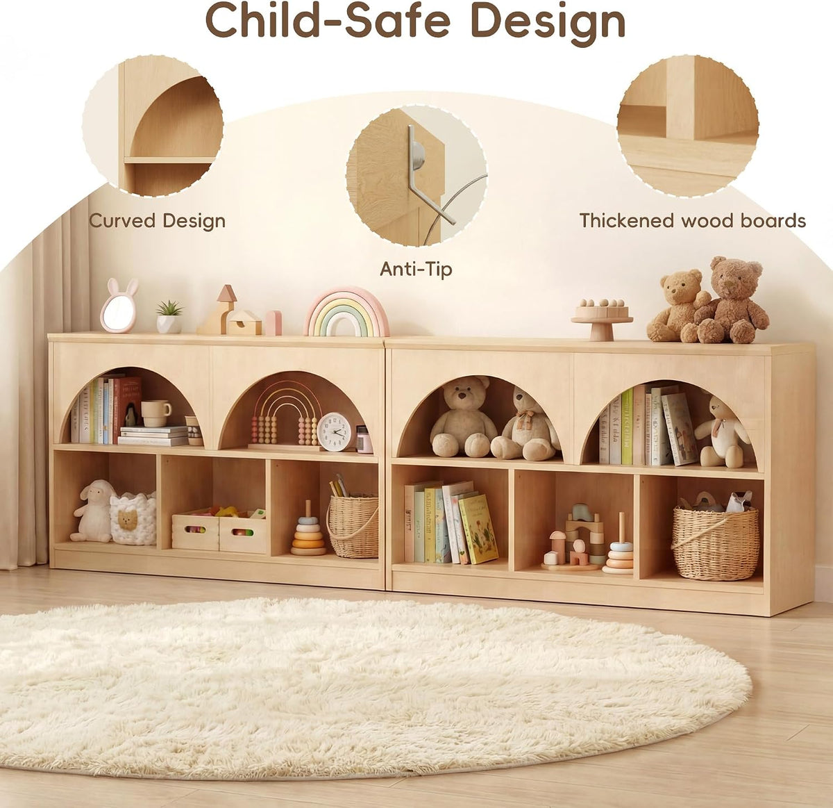 Fatmok 2-Shelf Bookcase, Arched Design Wooden Toy Storage Organizer and Storage for Books Toys, 5-Section Montessori Bookshelf for Kids Rooms, Playroom, Nursery, Kindergarten (Natural)