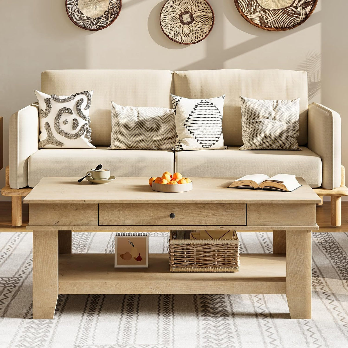 GarveeHome Light Oak Coffee Table 47.2' Center Table with Drawer and Storage Shelf, Large Coffee Tables Living Room Furniture, Sturdy and Easy to Clean, Holds 300 Pounds in Total