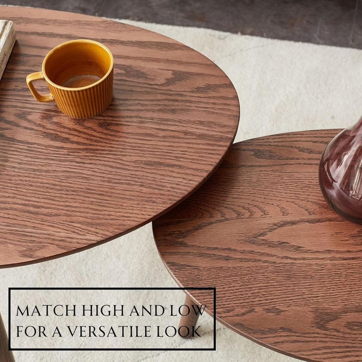 100% Solid Oak Wood Nesting Coffee Table,Mid Century Modern Oval Coffee Tables Set, Round Tables for Living Room, Pebble Side Table for Balcony (Walnut, Combine)