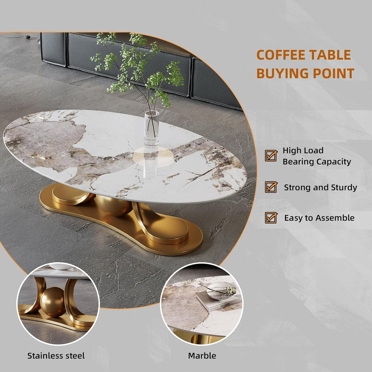 JIJIWANG 51.1' Oval Coffee Table with Gold Stainless Steel Pedestal, Luxury Faux Coffee Table with Marble Top, Sintered Stone Cocktail Center Tables for Apartment Office Easy Assembly Gold