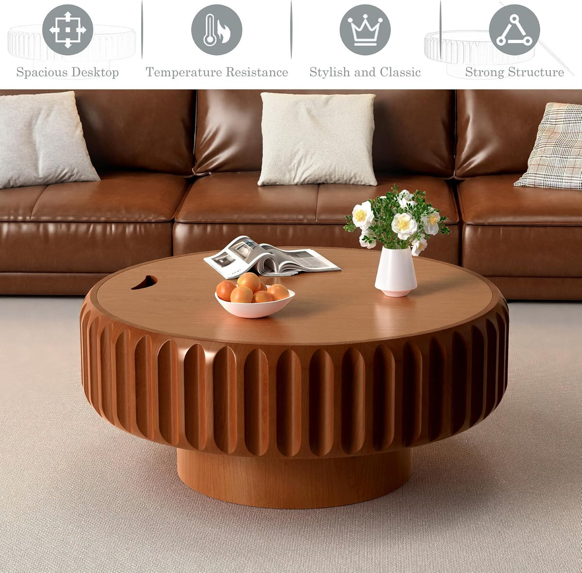 Round Coffee Tables with Storage Fluted Drum Coffee Table with Solid Wood Relief, Modern Circle Wooden Coffee Tables Brown Center Table Accent Tea Table for Living Room Apartment (Round 31.5'')