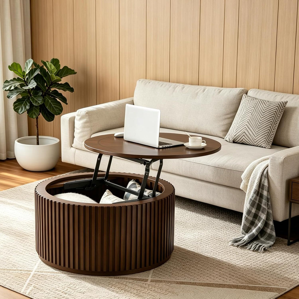 Round Lift Top Coffee Table with Storage, Wood Circle Center Table No Assembly Required with Large Hidden Compartment, Modern Drum Coffee Table for Living Room, Office (31'x31'x16')