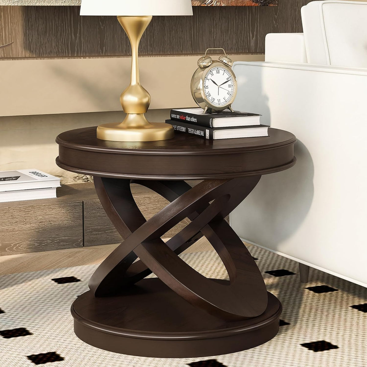 Retro Round End Table 22-Inch Wooden Bedside Sofa Side Table Accent Furniture with X-Shape Base for Living Room Bedroom, Espresso